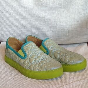 John Fluevog Quilted Flats in Green and Yellow